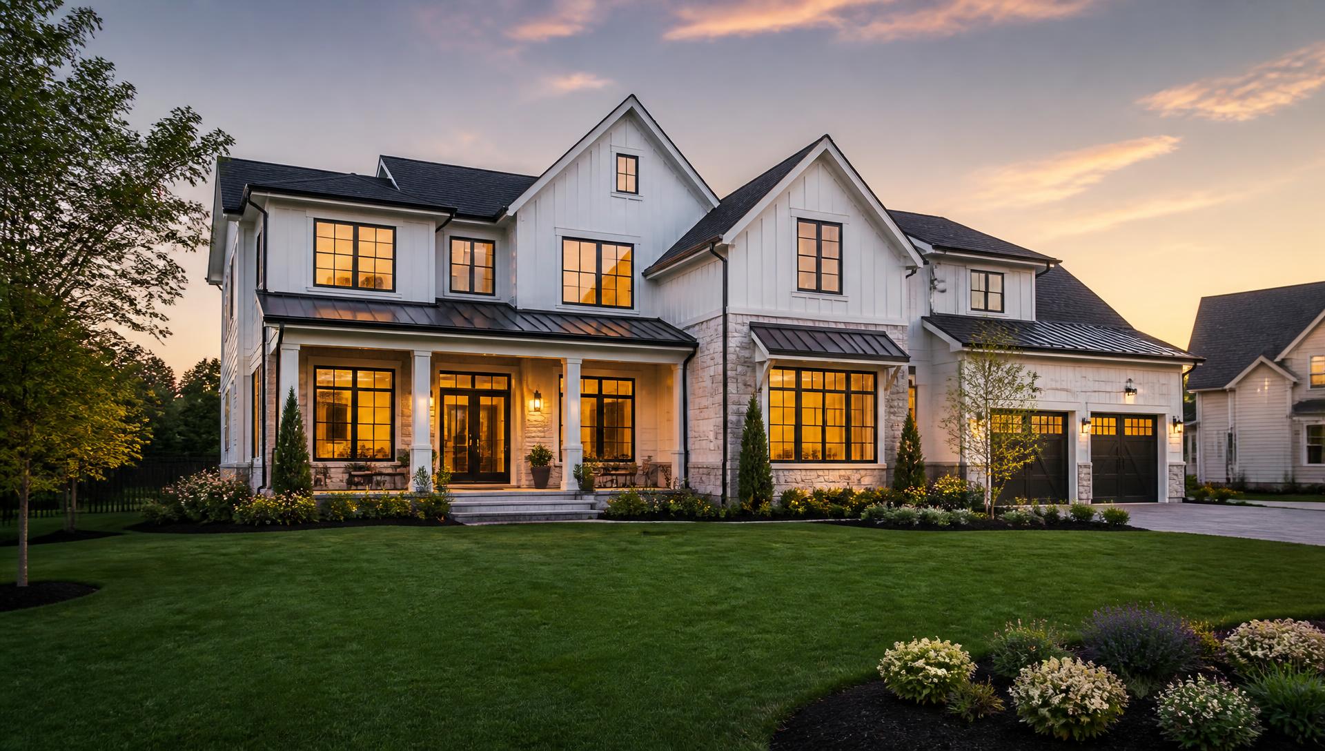 Modern American home exterior with warm lit windows at golden hour